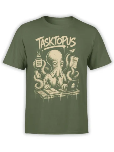 Green alien office T-shirt with an octopus worker, urgent note, laptop, coffee mug, and meeting humor