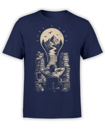 Vintage creative T-shirt in navy with a light bulb mountain scene, books, and a person relaxing at a desk