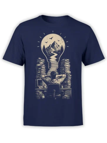 Vintage creative T-shirt in navy with a light bulb mountain scene, books, and a person relaxing at a desk