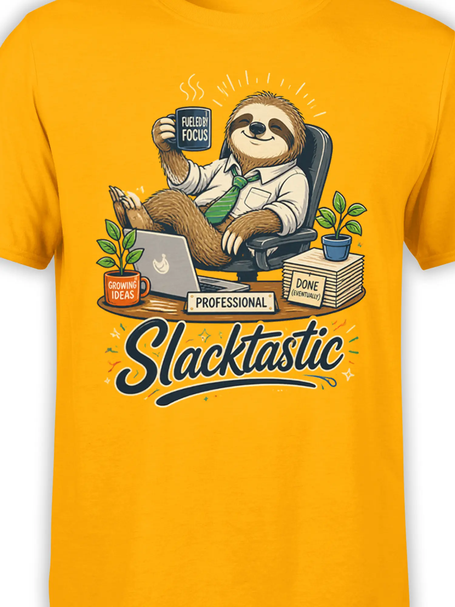 Close-up of a smiling office sloth holding coffee above the Slacktastic text on a yellow T-shirt