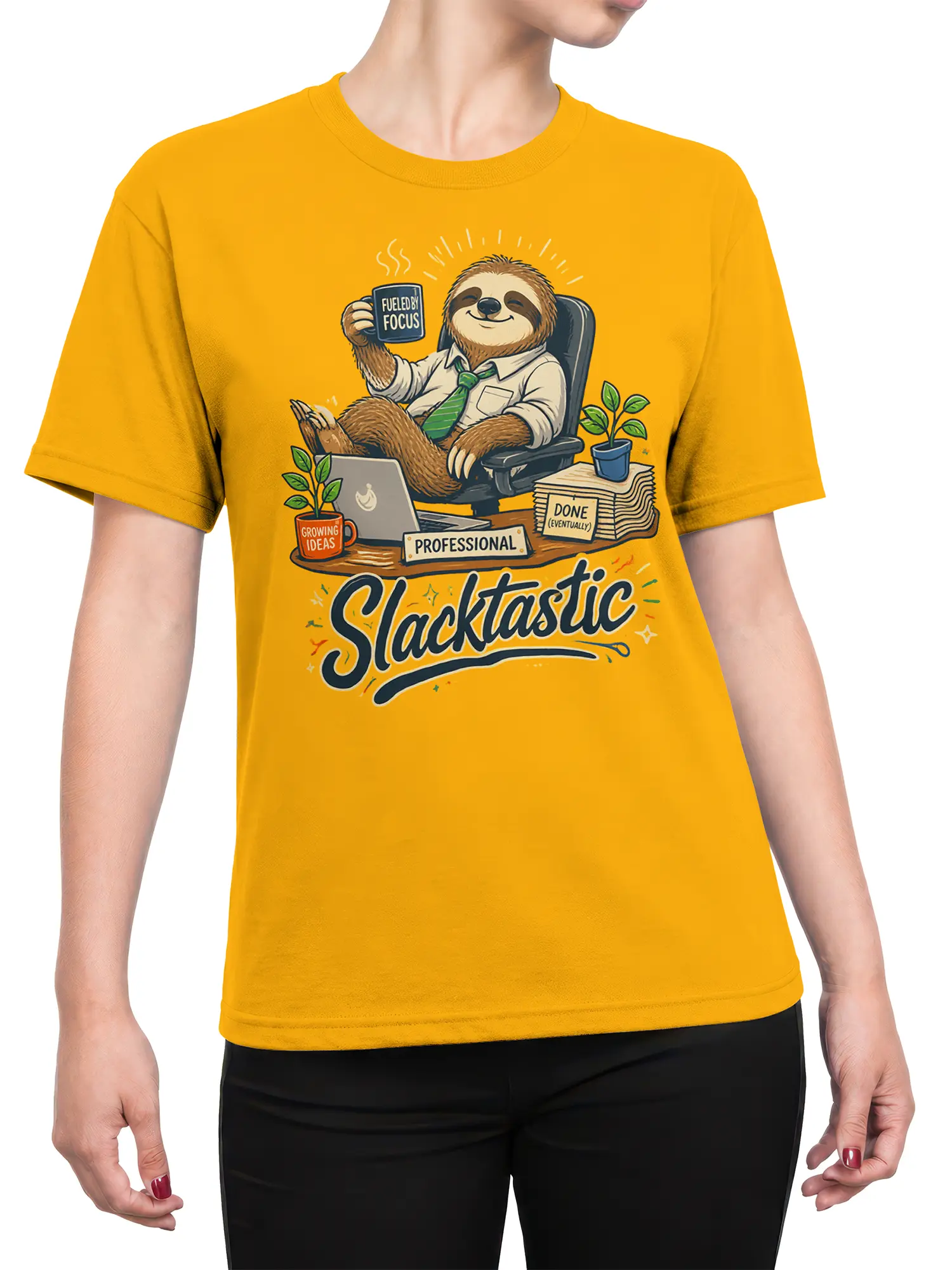 Female torso wearing a yellow Slacktastic sloth T-shirt with an office-themed illustration