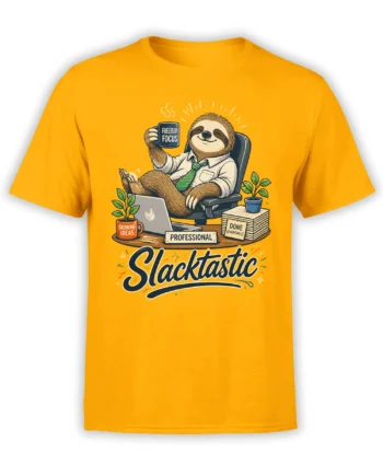 Yellow sloth office T-shirt with coffee mug, laptop, plants, paperwork, and Slacktastic lettering
