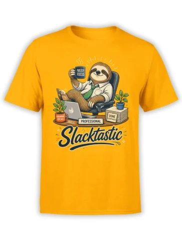 Yellow sloth office T-shirt with coffee mug, laptop, plants, paperwork, and Slacktastic lettering
