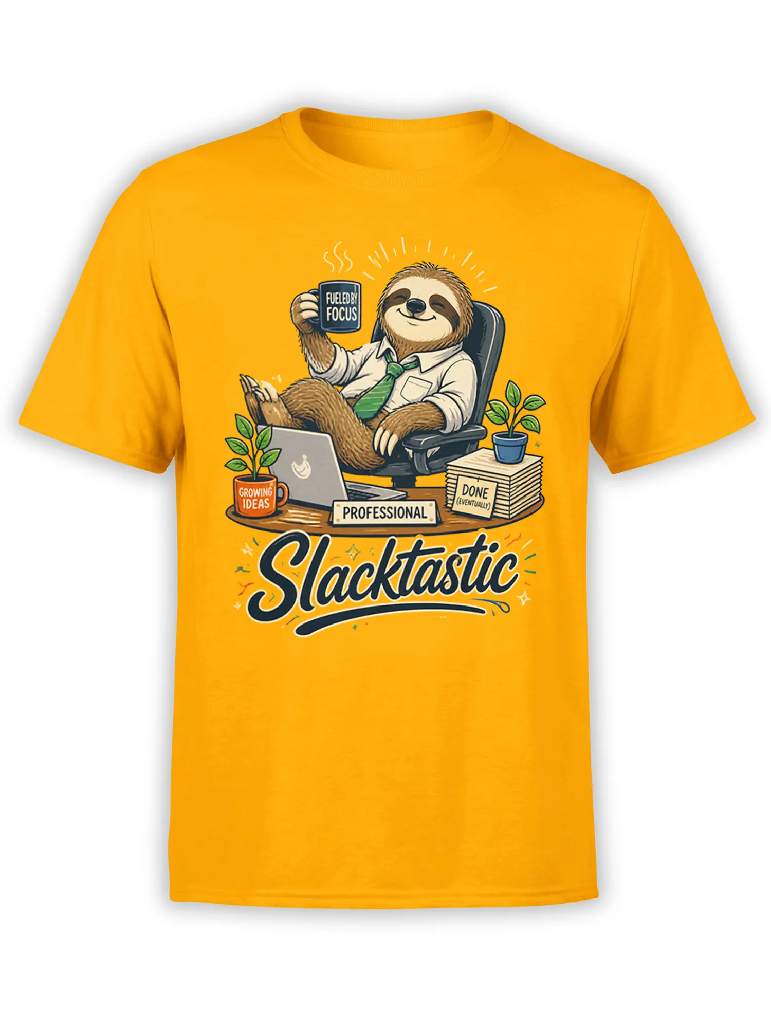 Yellow sloth office T-shirt with coffee mug, laptop, plants, paperwork, and Slacktastic lettering
