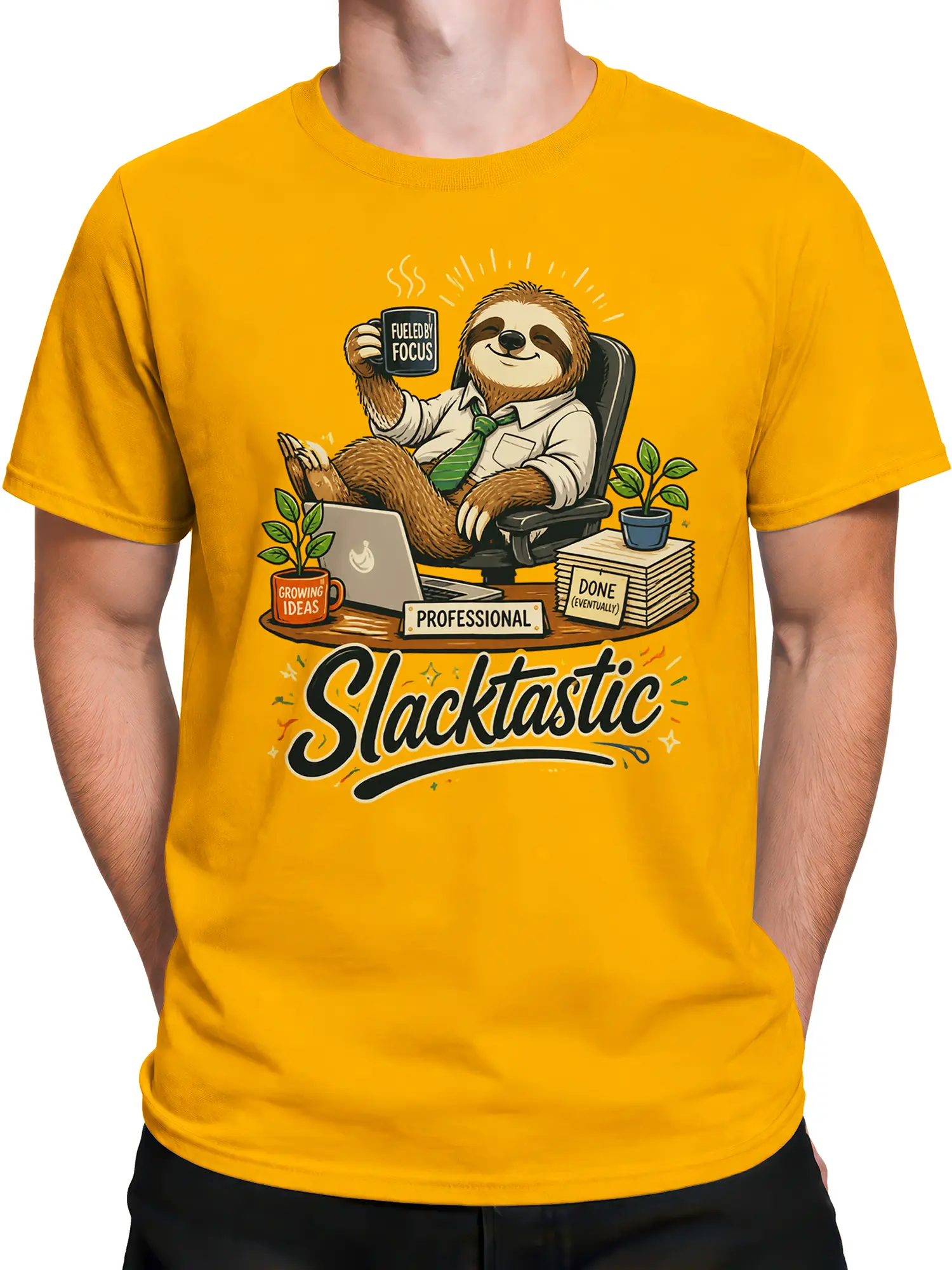 Male torso wearing a yellow Slacktastic sloth T-shirt with a colorful office illustration