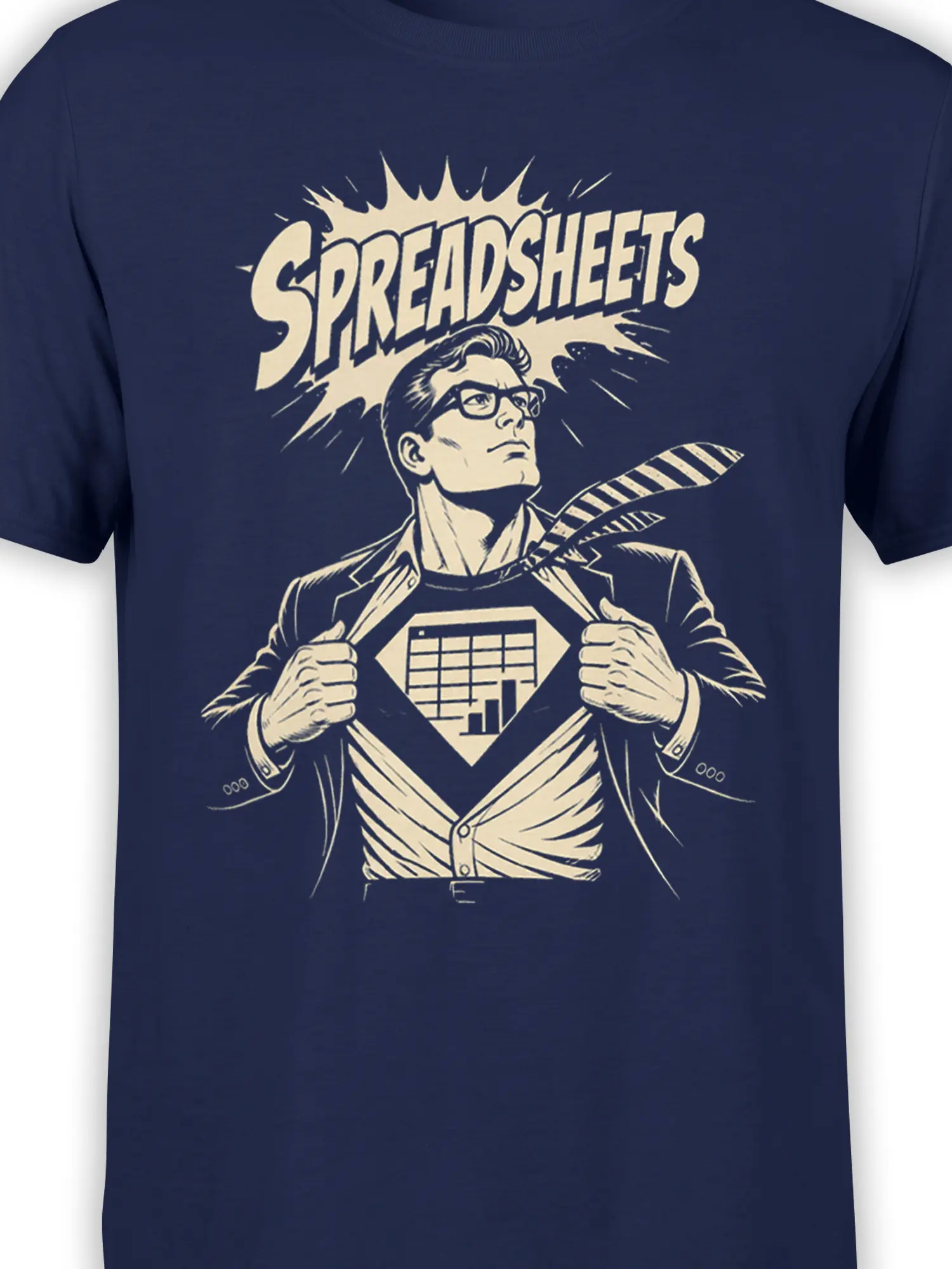 Close-up of spreadsheet superhero artwork and bold SPREADSHEETS lettering on navy fabric