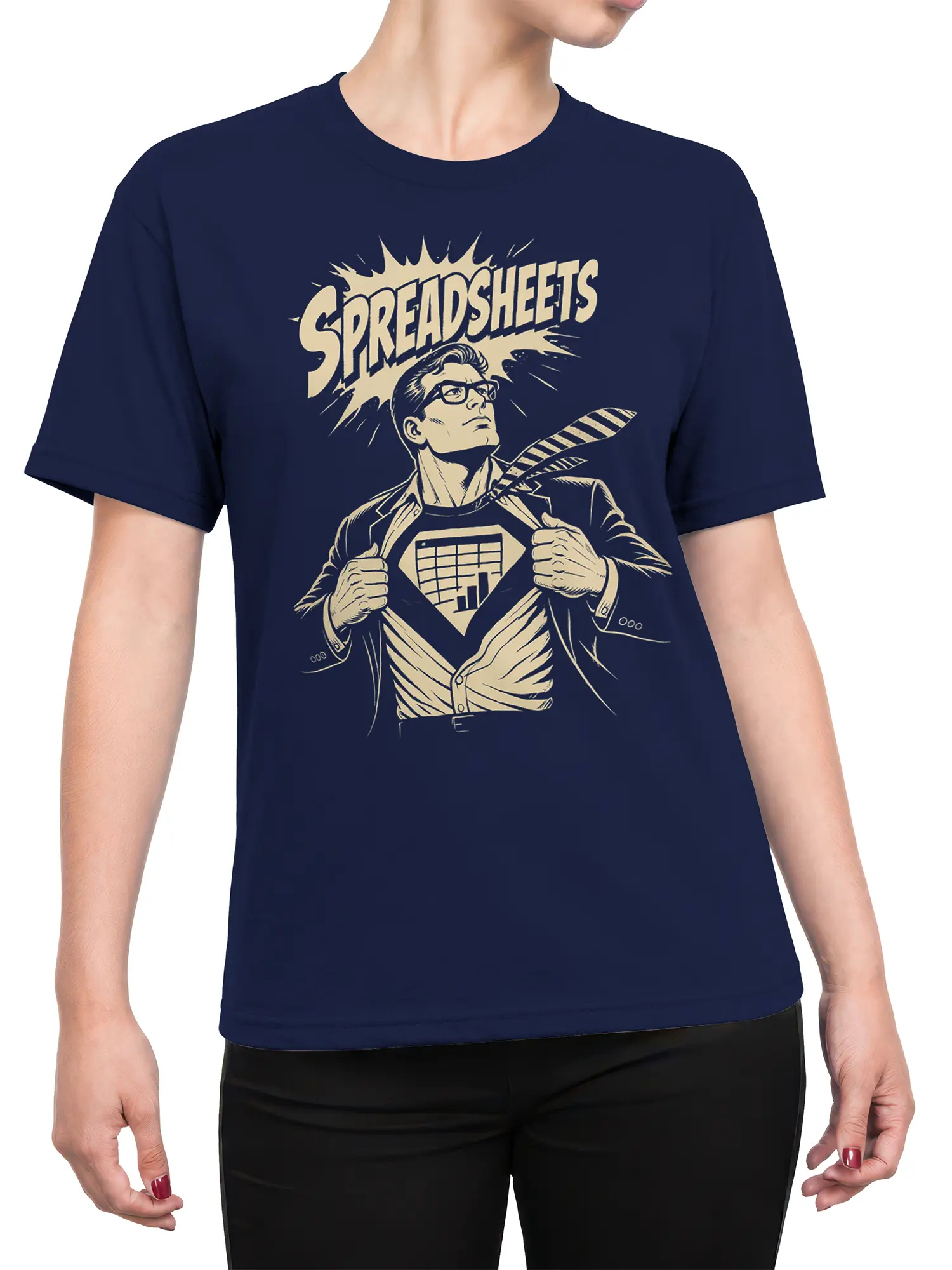 Female torso wearing a navy spreadsheet superhero accountant T-shirt with cream vintage artwork