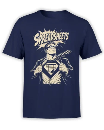 Vintage spreadsheet superhero accountant design with bold SPREADSHEETS text on a navy T-shirt