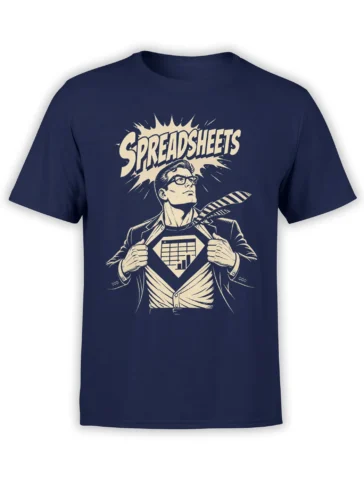 Vintage spreadsheet superhero accountant design with bold SPREADSHEETS text on a navy T-shirt