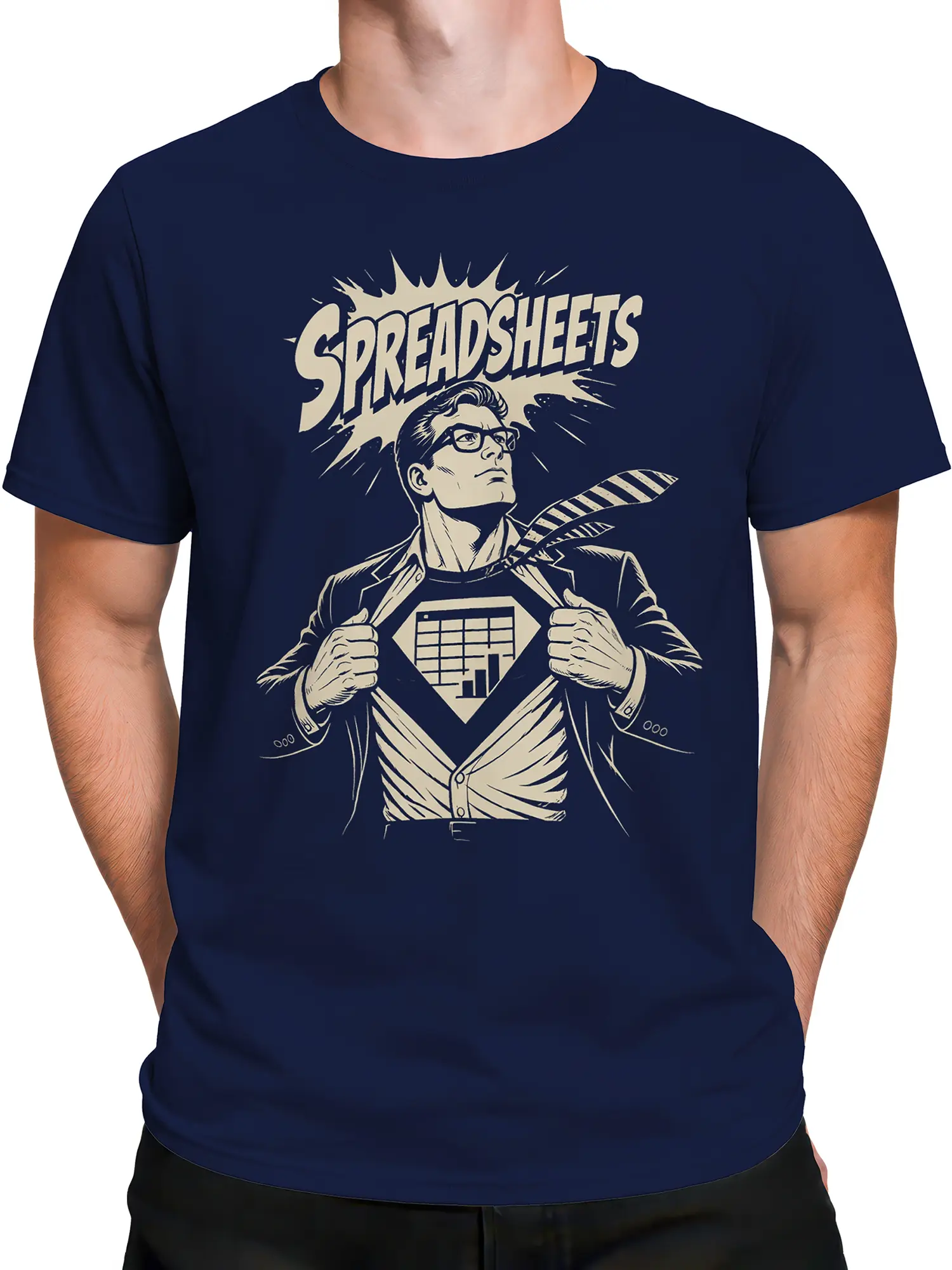 Male torso wearing a navy accountant T-shirt with vintage spreadsheet superhero graphic