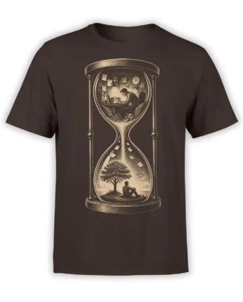 Vintage hourglass T-shirt in brown showing a worker at a desk above a person resting under a tree
