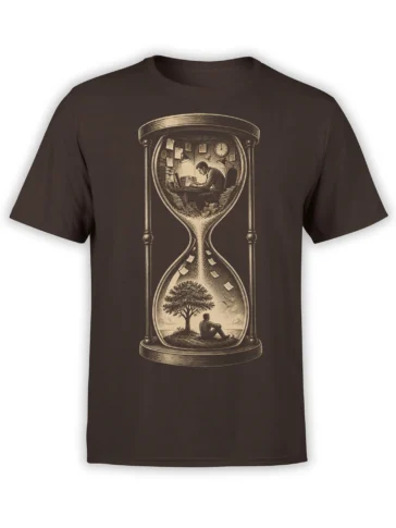 Vintage hourglass T-shirt in brown showing a worker at a desk above a person resting under a tree