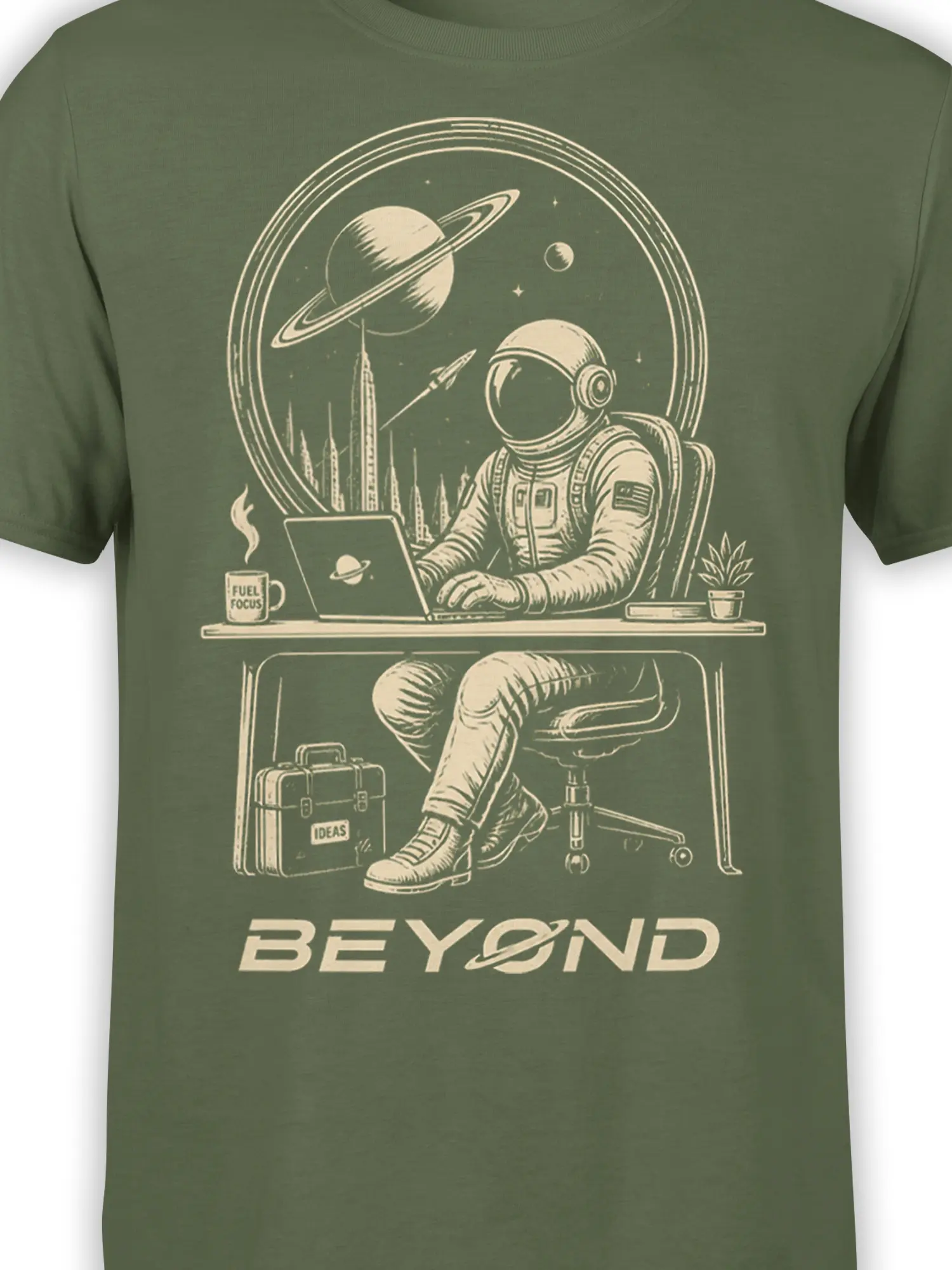 Close-up of astronaut desk artwork with planets, fuel mug, ideas briefcase, and BEYOND text