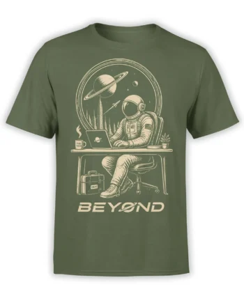 Olive green astronaut T-shirt with space office artwork, planets, fuel mug, ideas briefcase, and BEYOND text