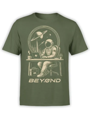 Olive green astronaut T-shirt with space office artwork, planets, fuel mug, ideas briefcase, and BEYOND text