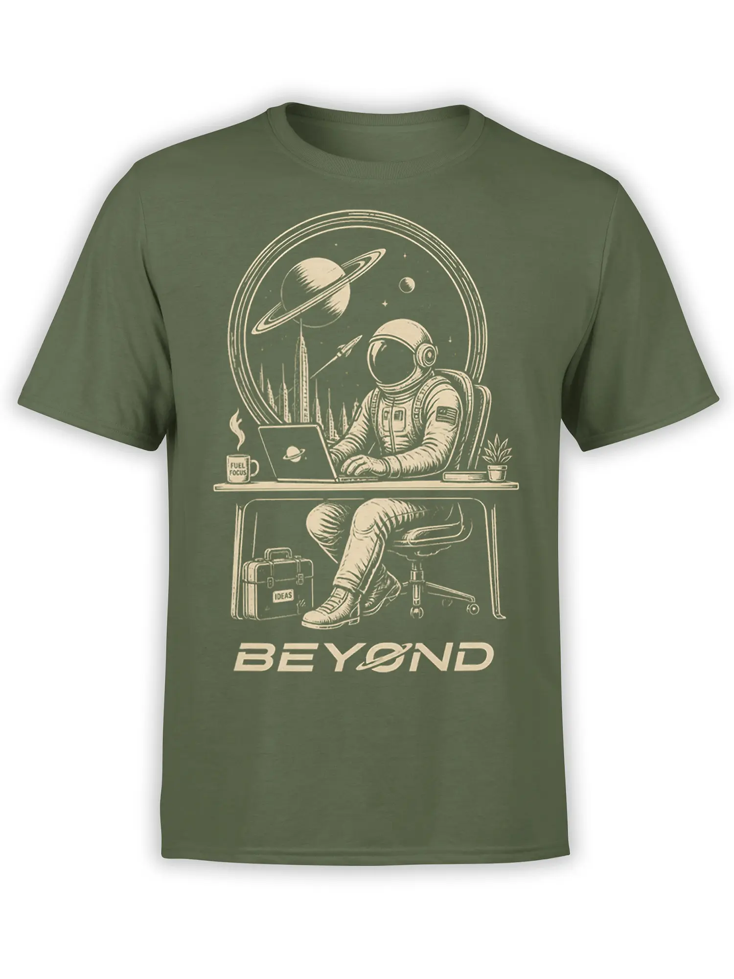 Olive green astronaut T-shirt with space office artwork, planets, fuel mug, ideas briefcase, and BEYOND text