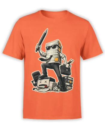 Paperwork warrior with sword, coffee, and briefcase printed on a coral office humor T-shirt