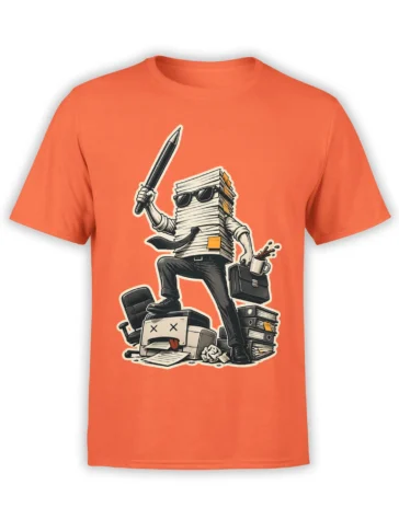 Paperwork warrior with sword, coffee, and briefcase printed on a coral office humor T-shirt