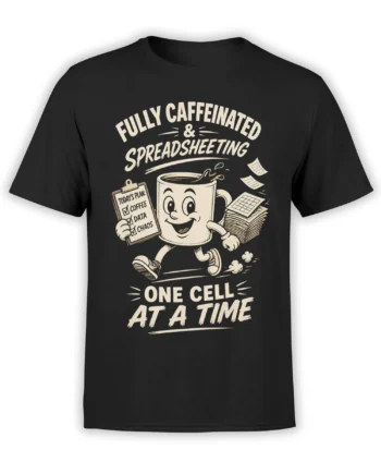 Black coffee T-shirt with a cheerful cup, clipboard, spreadsheets, and the words Fully Caffeinated