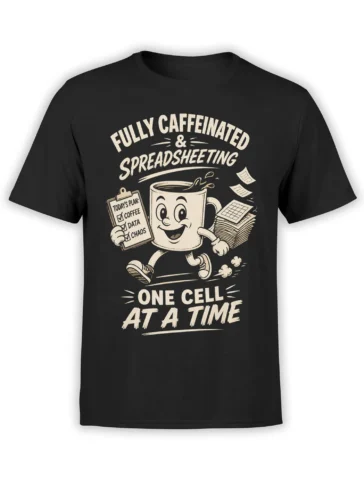 Black coffee T-shirt with a cheerful cup, clipboard, spreadsheets, and the words Fully Caffeinated