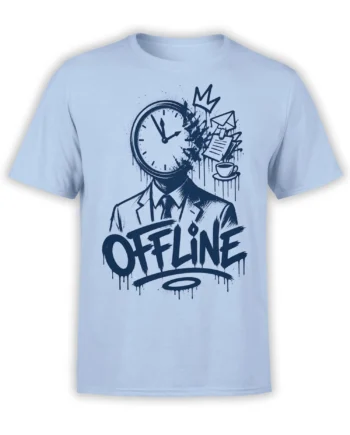 Light blue T-shirt with a surreal clock-headed figure, crown, coffee cup, envelopes, and OFFLINE text
