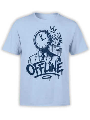 Light blue T-shirt with a surreal clock-headed figure, crown, coffee cup, envelopes, and OFFLINE text