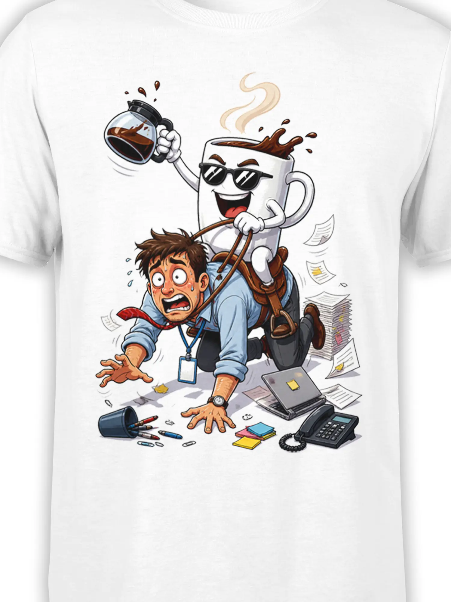 Close-up of the white coffee graphic showing a smiling cup in sunglasses dragging an overwhelmed office worker