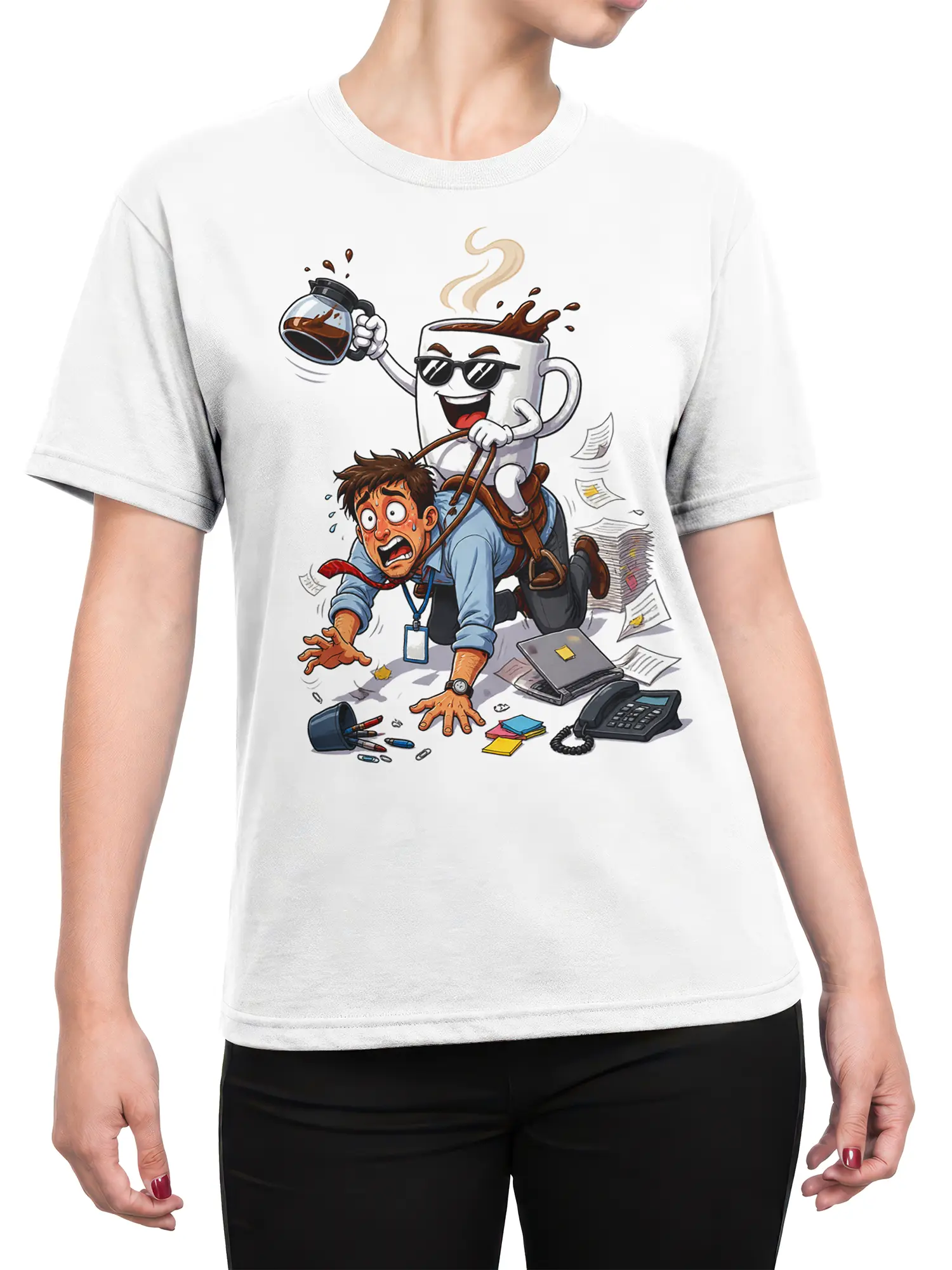 Female torso wearing a white coffee T-shirt with a cartoon cup pulling a stressed office worker