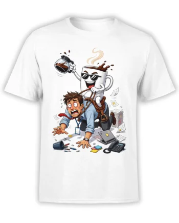 White coffee T-shirt with a sunglasses-wearing cup pulling a frantic office worker through flying paperwork