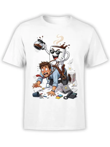 White coffee T-shirt with a sunglasses-wearing cup pulling a frantic office worker through flying paperwork