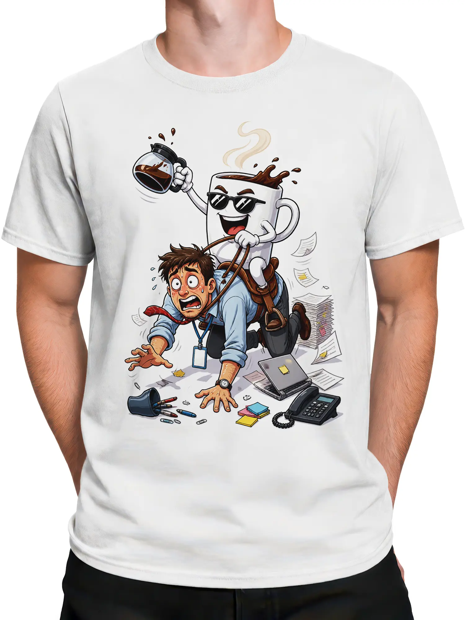 Male torso wearing a white coffee T-shirt with a frantic worker and sunglasses-wearing cup