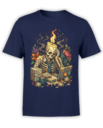 Skeleton office worker with melting candle head, paperwork, laptop, coffee, and flowers on a navy T-shirt