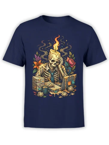 Skeleton office worker with melting candle head, paperwork, laptop, coffee, and flowers on a navy T-shirt