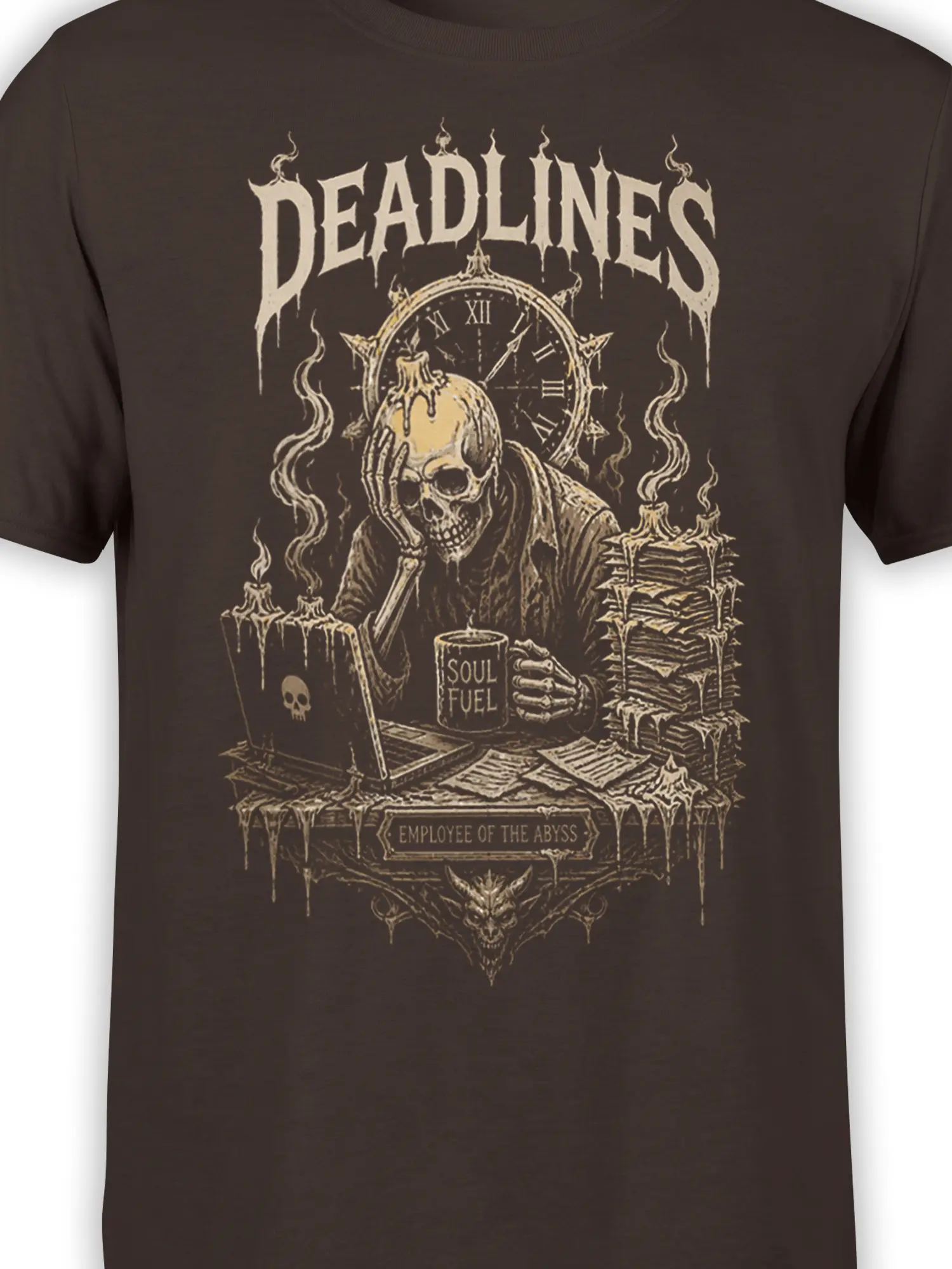 Close-up of brown shirt artwork showing the hooded skeleton, “SOUL FUEL” mug, clock, candles, and gothic deadline text