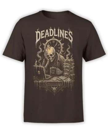 Brown T-shirt with hooded skeleton at a candlelit desk, “DEADLINES” text, and “EMPLOYEE OF THE ABYSS” plaque