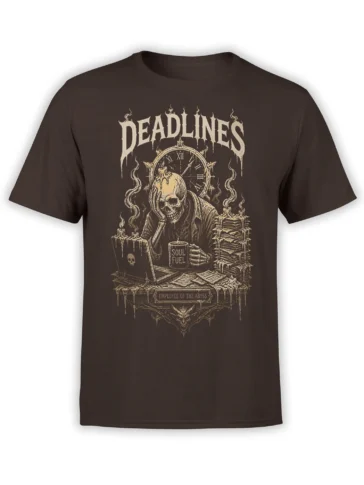 Brown T-shirt with hooded skeleton at a candlelit desk, “DEADLINES” text, and “EMPLOYEE OF THE ABYSS” plaque