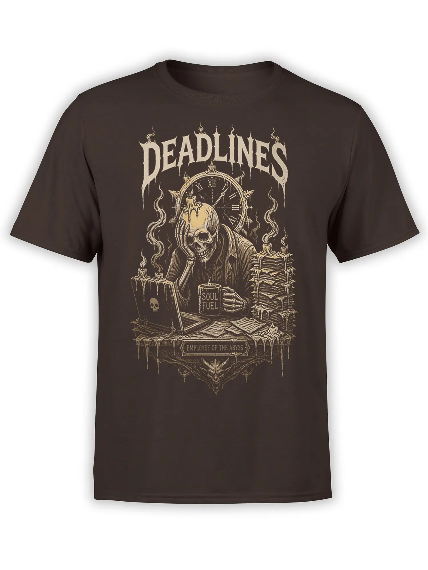 Brown T-shirt with hooded skeleton at a candlelit desk, “DEADLINES” text, and “EMPLOYEE OF THE ABYSS” plaque