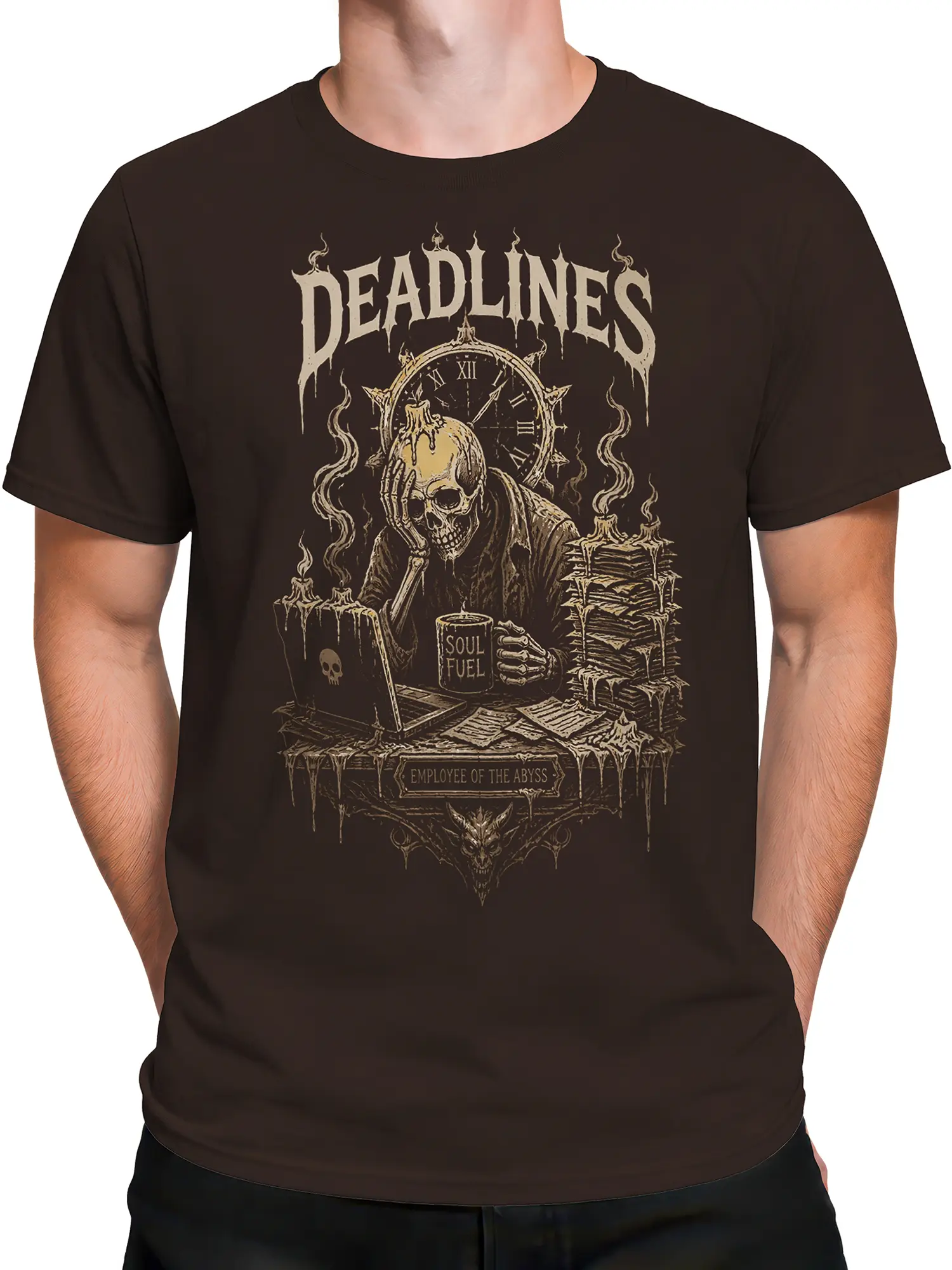 Male torso wearing a brown skull graphic tee with hooded skeleton, melting candles, and “EMPLOYEE OF THE ABYSS” text