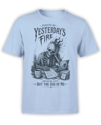 Light blue T-shirt with grinning office skeleton, skull laptop, deadline list, and burnout humor design