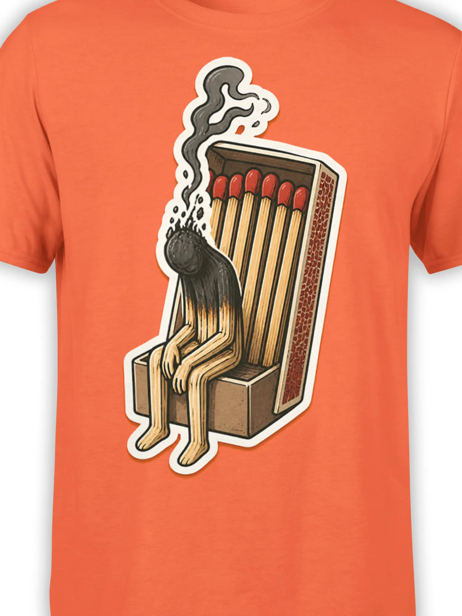 Close-up of burnt matchstick artwork, matchbox, red match heads, and smoke on an orange shirt
