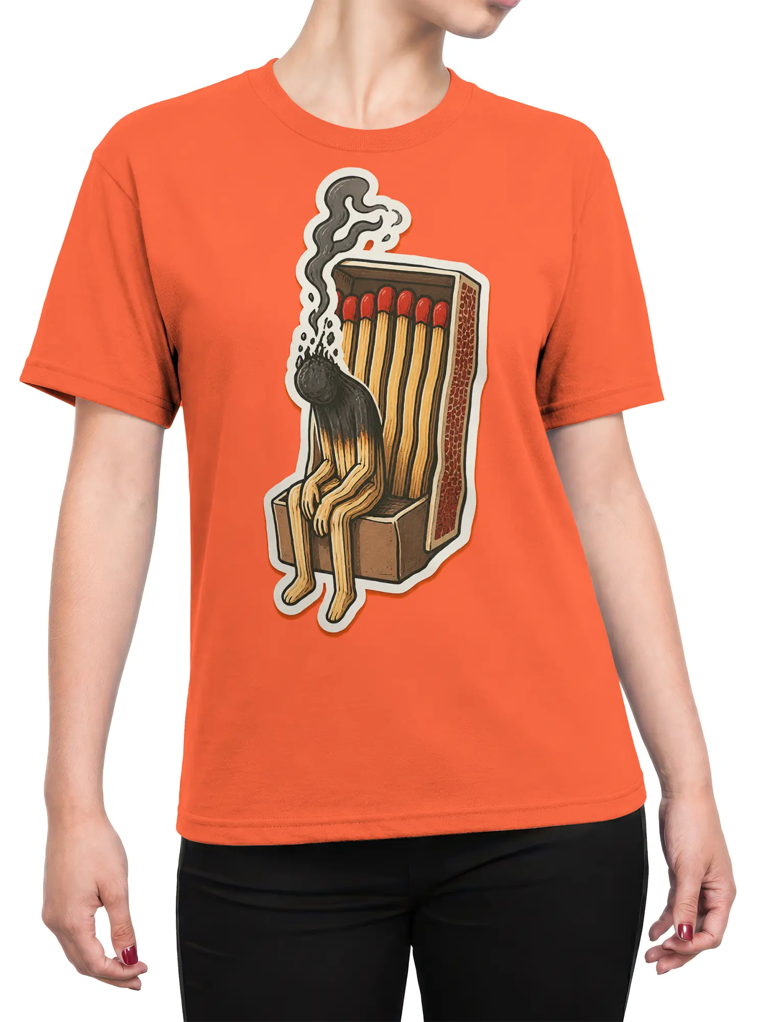 Female torso wearing an orange shirt with a burnt-out matchstick seated inside a matchbox