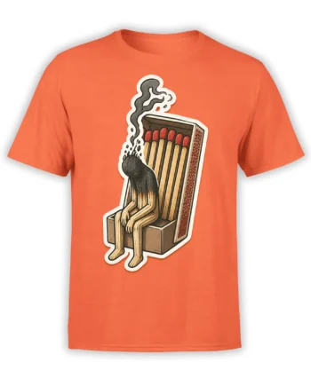 Burnt-out matchstick character sitting in a matchbox on an orange graphic T-shirt