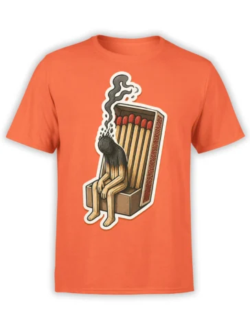 Burnt-out matchstick character sitting in a matchbox on an orange graphic T-shirt