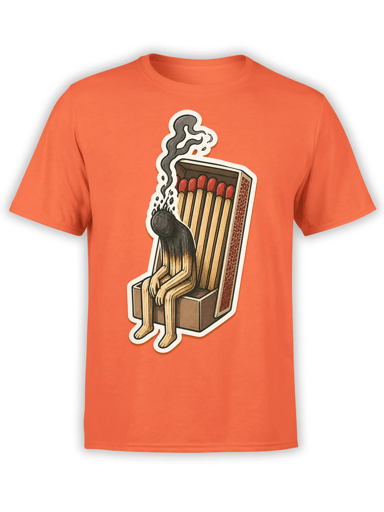 Burnt-out matchstick character sitting in a matchbox on an orange graphic T-shirt