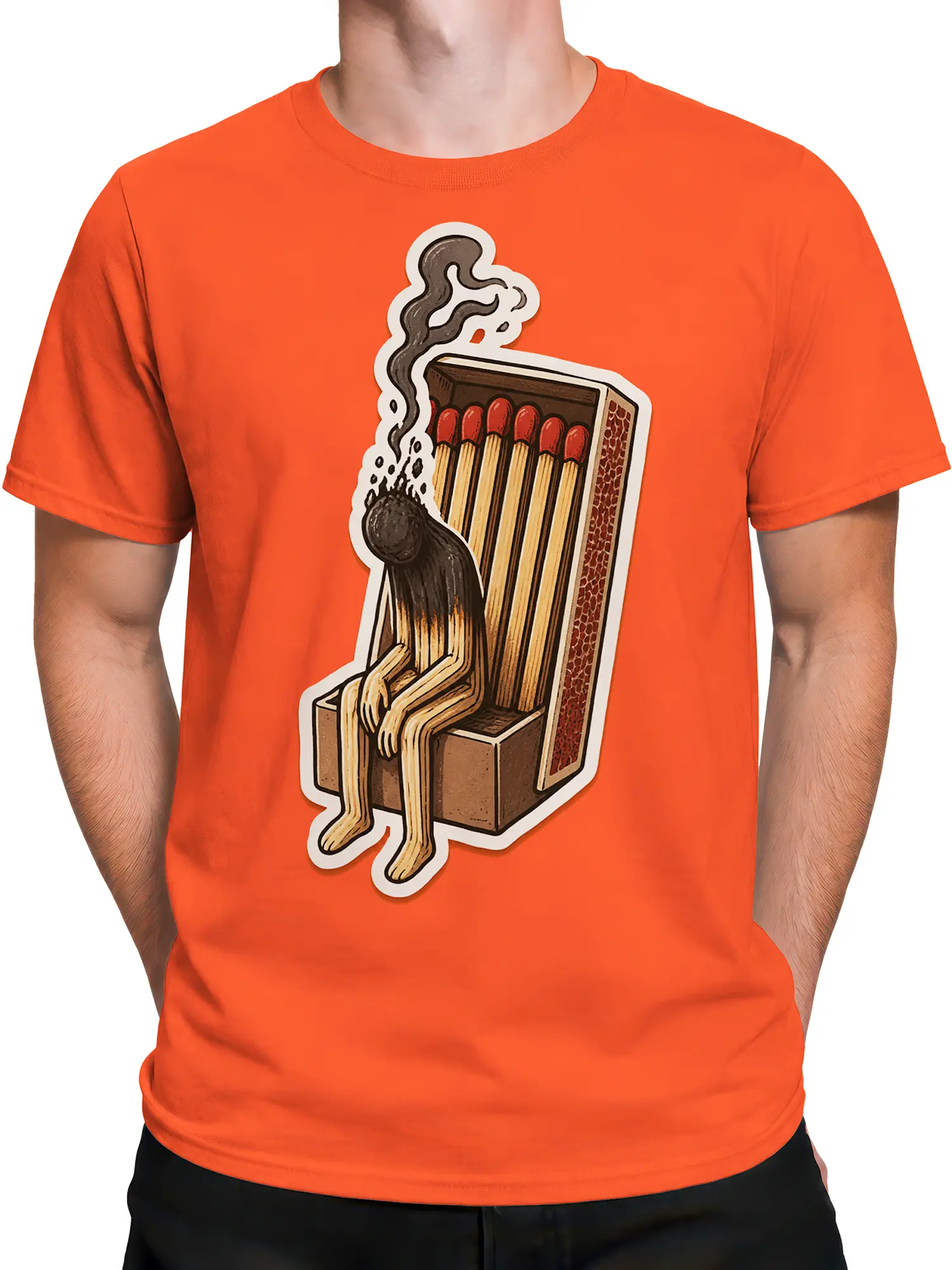 Male torso wearing an orange matchstick graphic shirt with a seated character and smoke