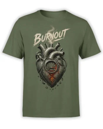 Green T-shirt with a distressed mechanical heart, smoking pipes, RPM gauge, and BURNOUT lettering
