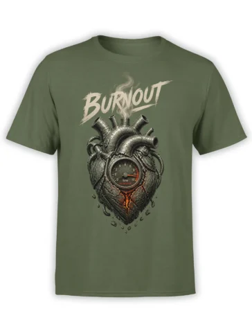 Green T-shirt with a distressed mechanical heart, smoking pipes, RPM gauge, and BURNOUT lettering