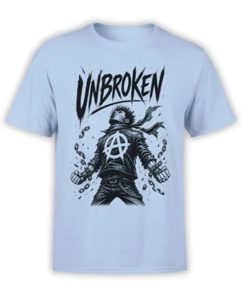 Unbroken masked rebel warrior breaking chains on a light blue graphic T-shirt