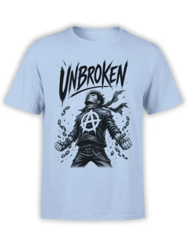 Unbroken masked rebel warrior breaking chains on a light blue graphic T-shirt
