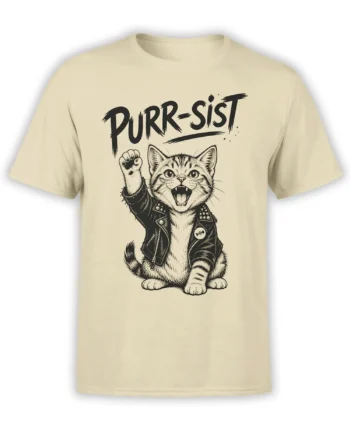 Purrsist punk cat graphic on a beige T-shirt, showing a fierce striped feline in a studded jacket